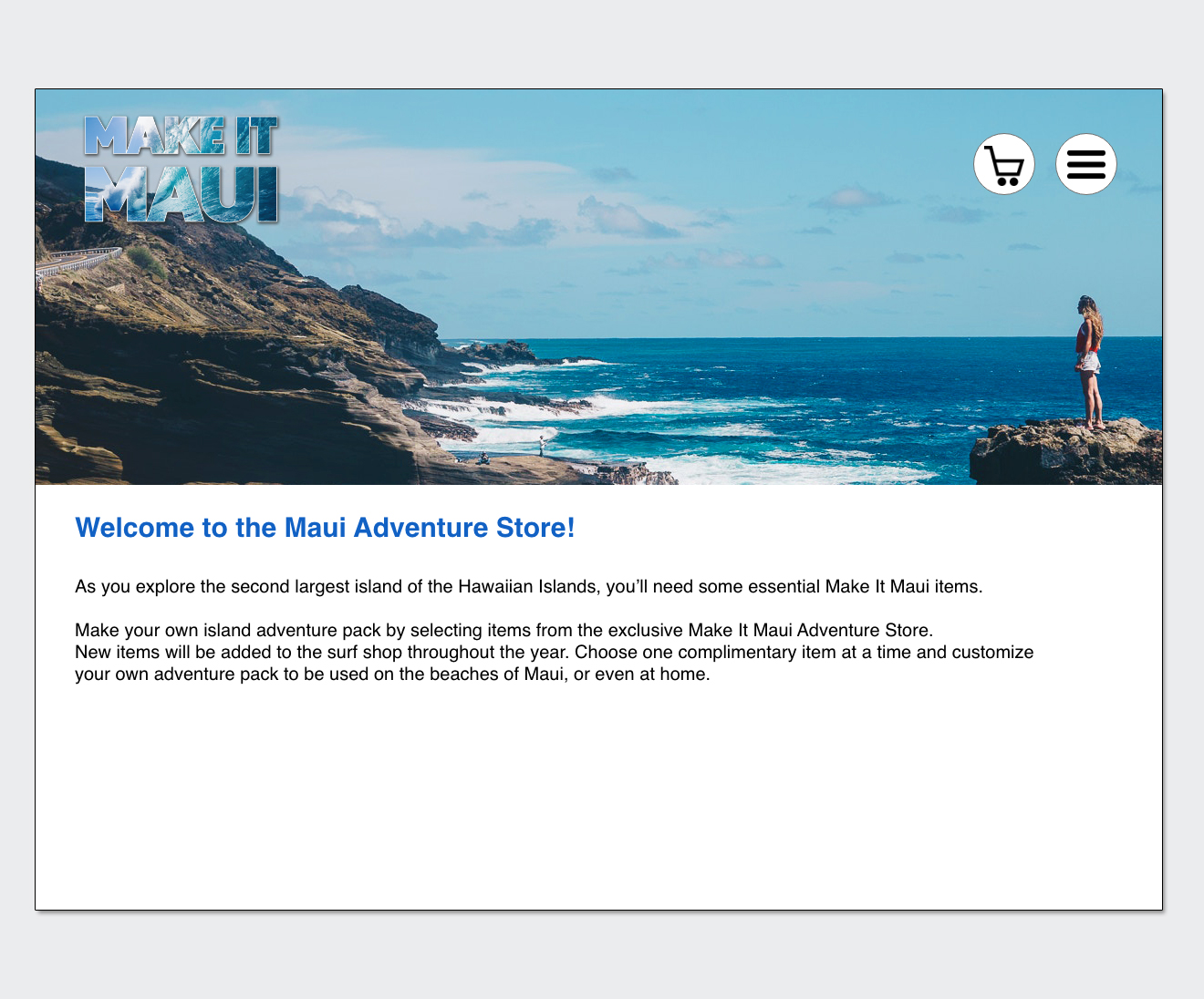 Make It Maui promotional storefront homepage featuring a scenic Hawaiian coastal hero image and campaign introduction.
