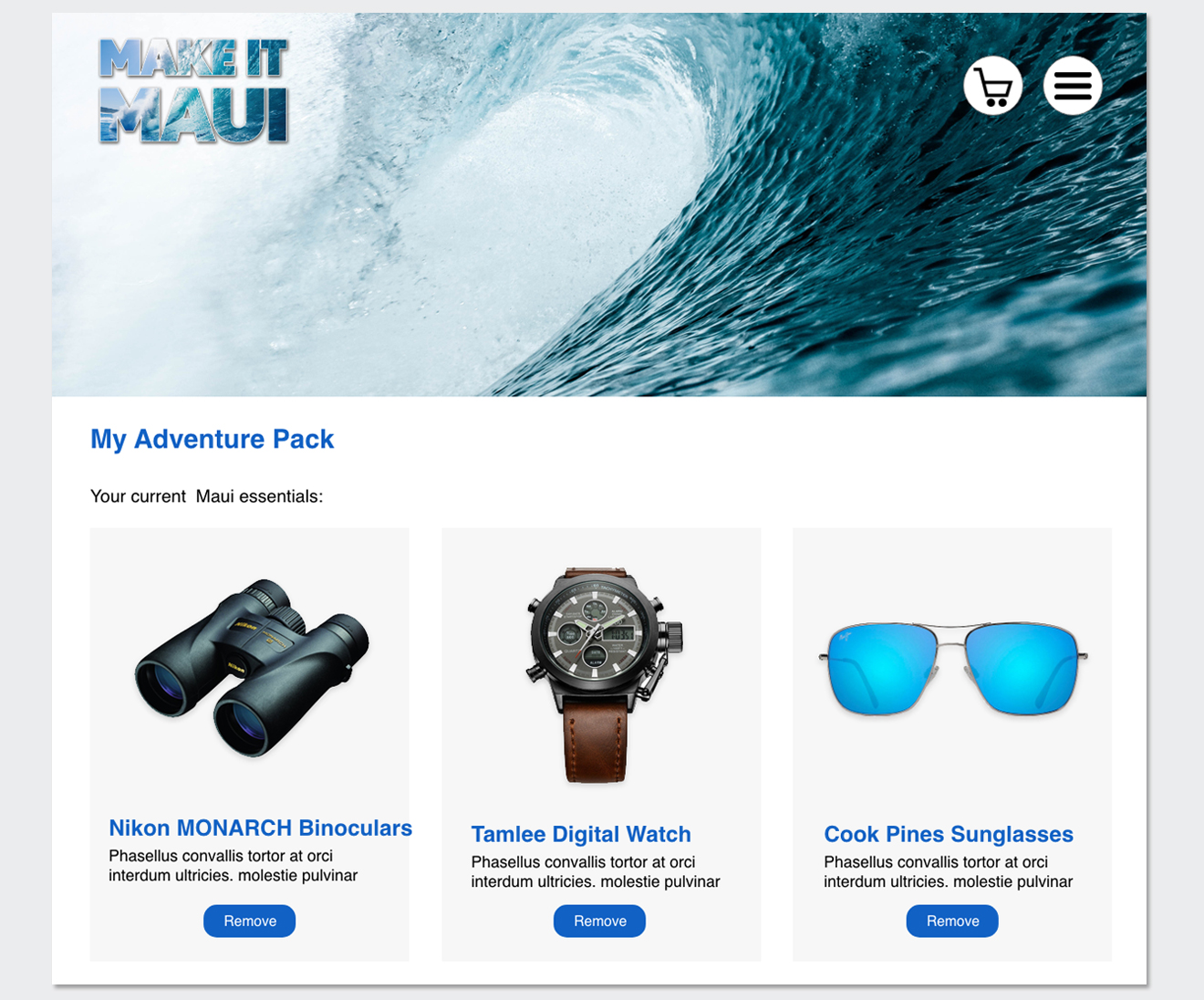 Make It Maui Adventure Pack dashboard displaying saved travel gear including binoculars, digital watch, and sunglasses.