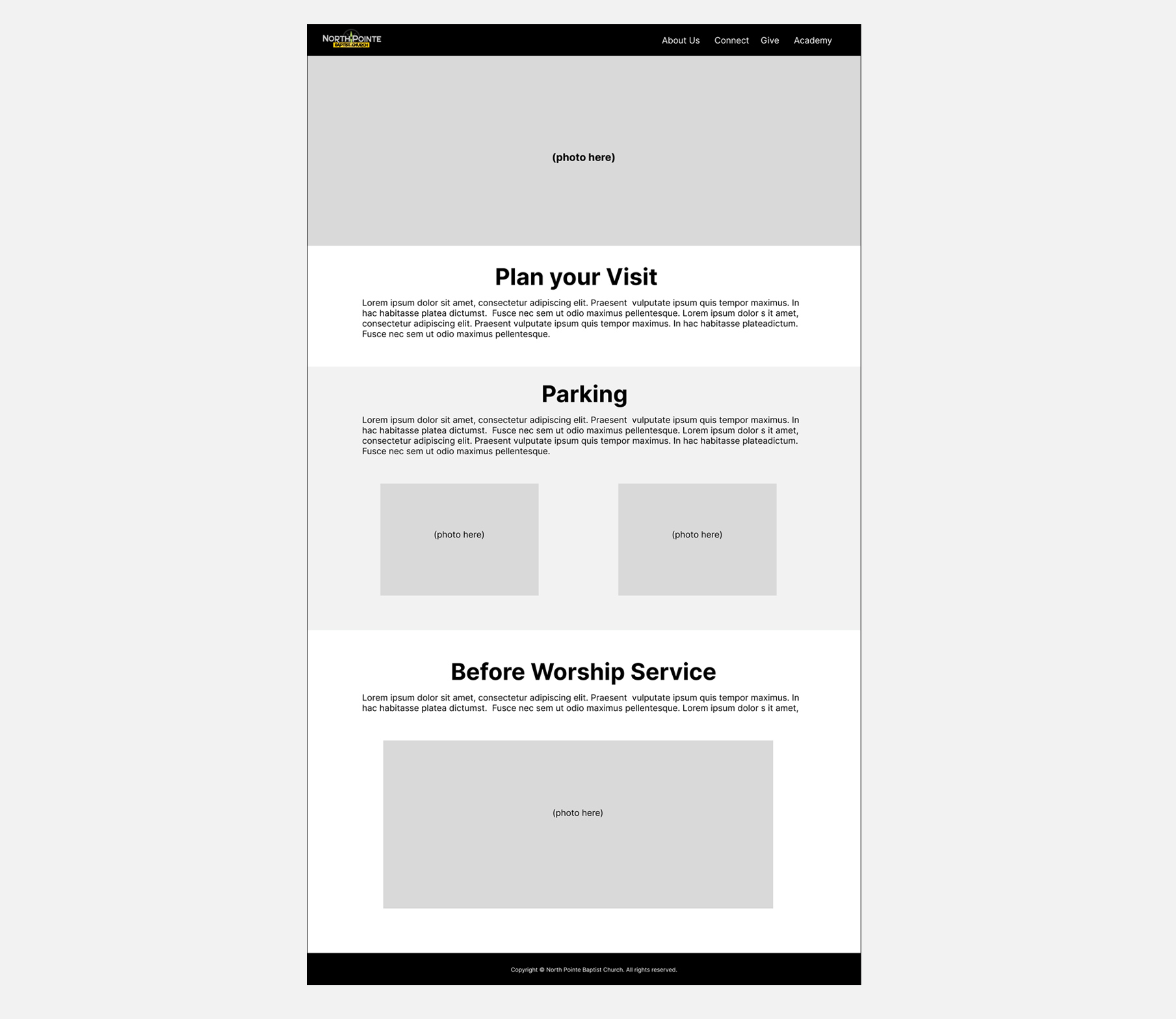 High-level website wireframe for Plan Your Visit landing page showing parking details and pre-service instructions.