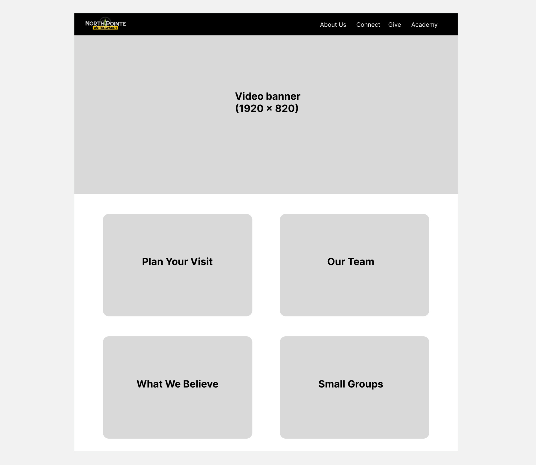 Desktop wireframe mockup outlining the main video banner, navigation menu, and landing page content blocks.