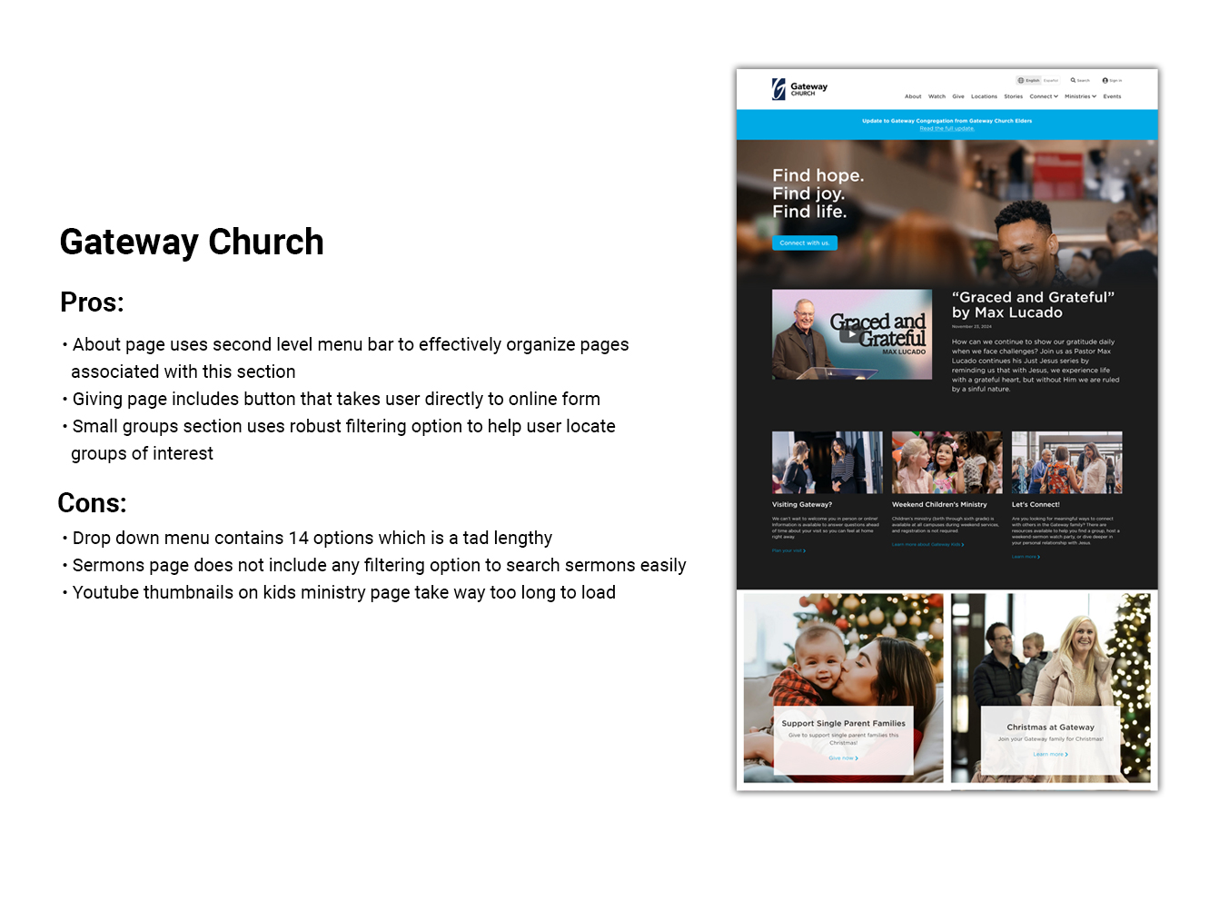 UX research case study reviewing Gateway Church website navigation, content architecture, and mobile usability features.