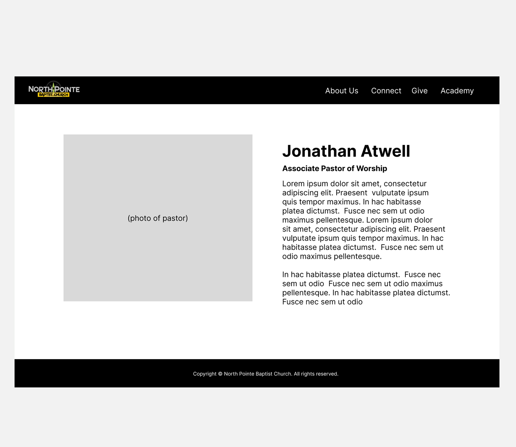 High-level wireframe design for an Associate Pastor staff bio page featuring photo placeholder and text layout.