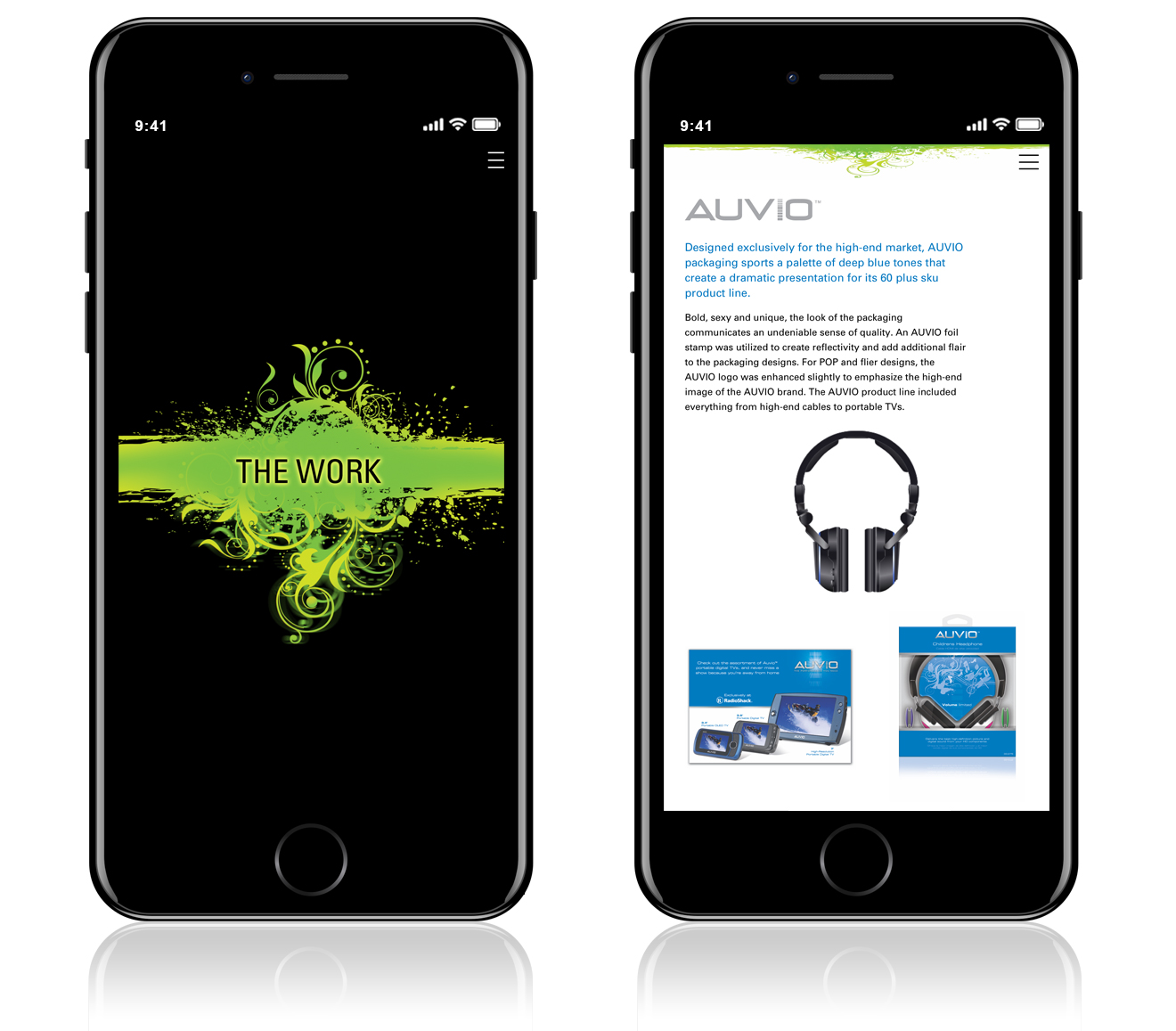 Mobile webpage designs showcasing portfolio categories and product packaging layouts on smartphone screens.