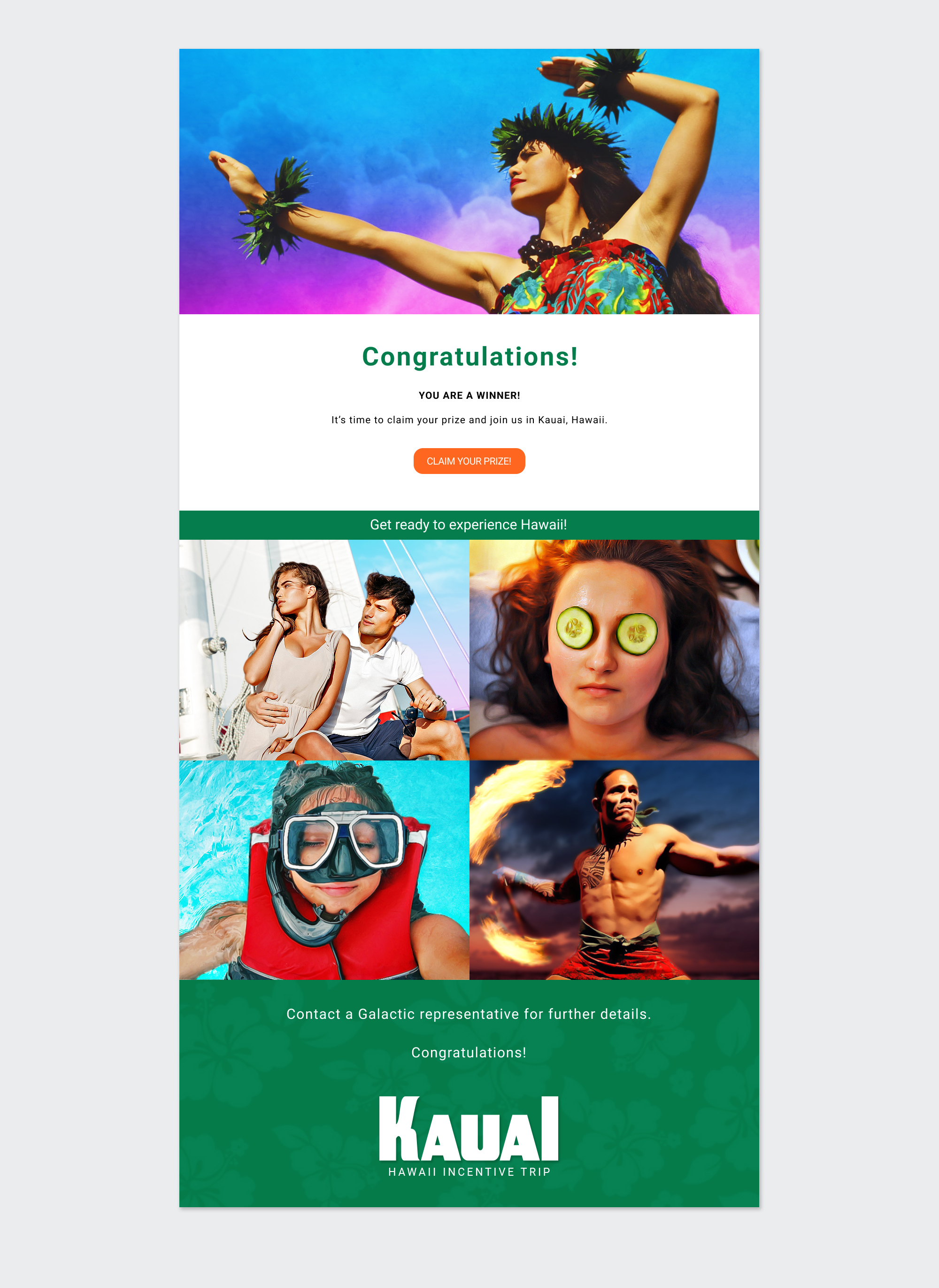 Incentive trip promotional landing page design for Galactic Performance Solutions featuring Hawaiian travel imagery and prize claim CTA buttons.