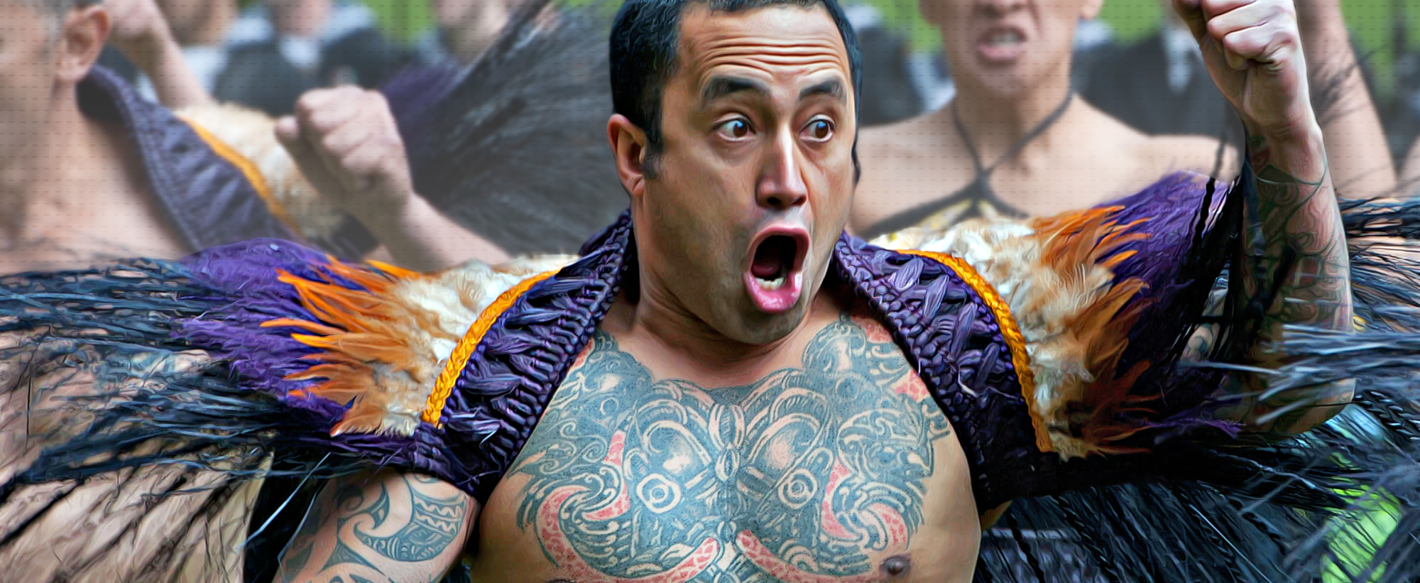 Wide website banner showcasing a Māori cultural performance with traditional dress and tattoos for a New Zealand tourism destination marketing campaign.