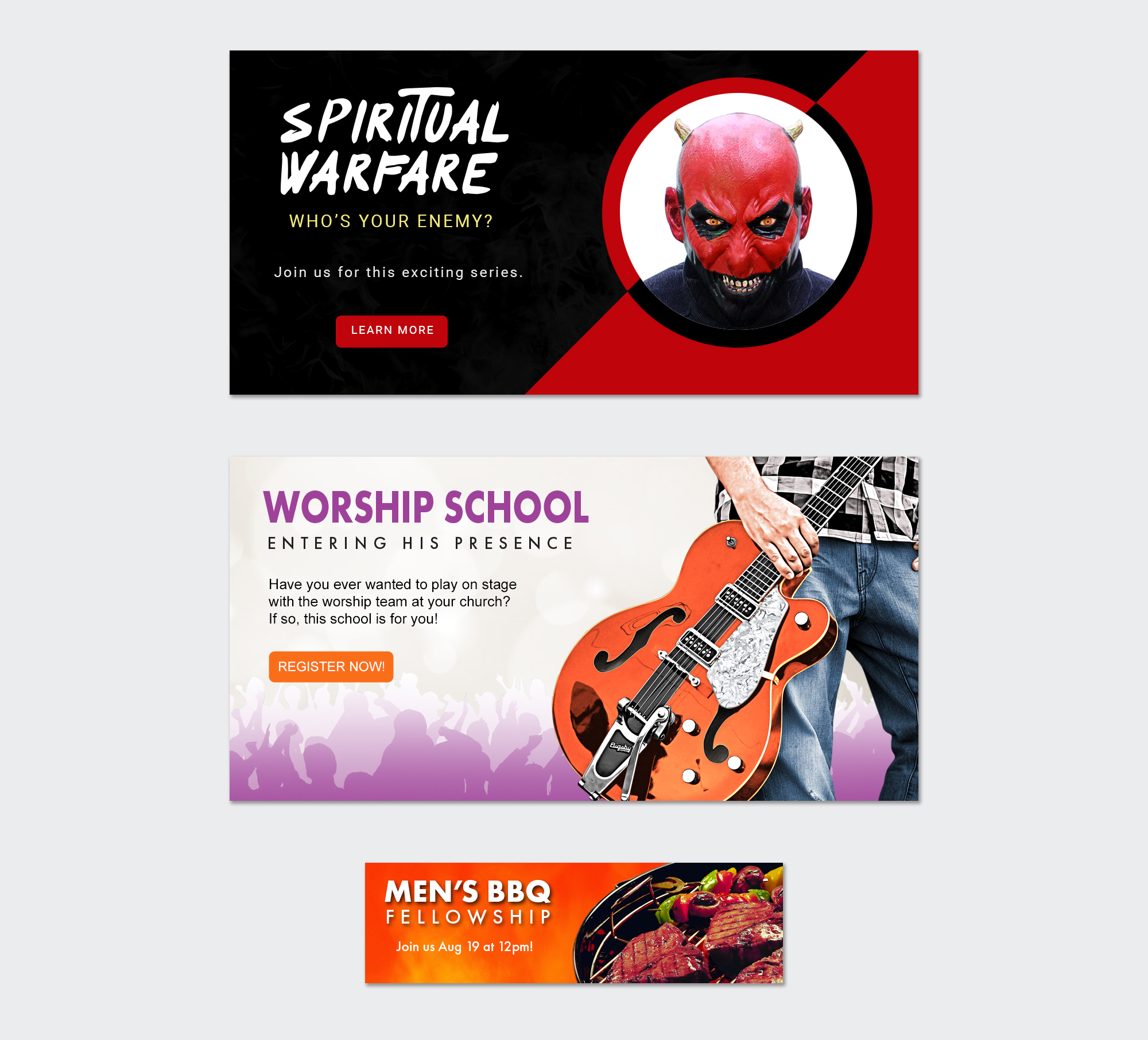 Set of multi-size web banner ad design strategy layouts featuring distinct event campaign graphics, clear call-to-action buttons, and bold typography. 
